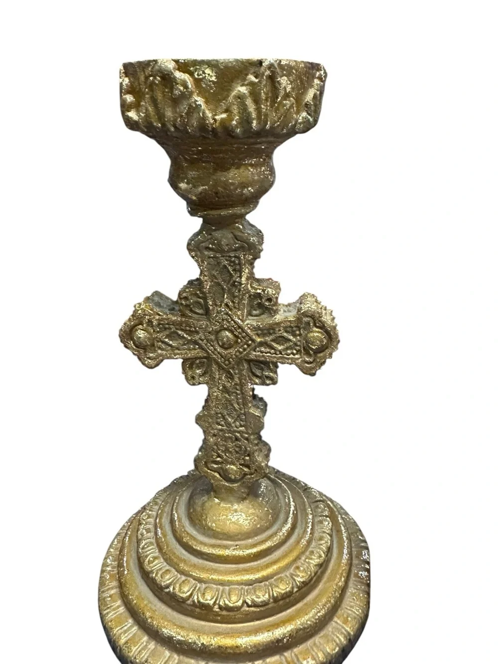 Pair of Gold Cross Pillar Candle‎ Holders Gothic Religious Decor Elements